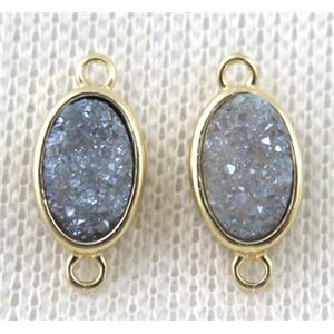 druzy quartz oval connector, light gray-blue, copper, gold plated, approx 8x11mm