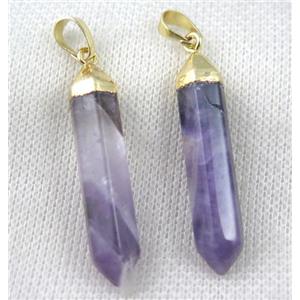 Amethyst bullet pendant, purple, gold plated, approx 8x40mm