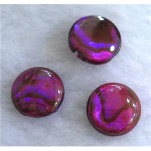 Paua Abalone shell bead without hole, flat round, red dye, approx 10mm dia