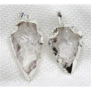 hammered Clear Quartz arrowhead pendant, silver plated, approx 15-25mm