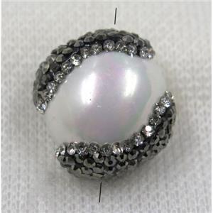 white pearl shell beads paved rhinestone, flat round, approx 15-20mm