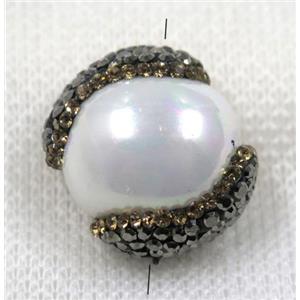 white pearl shell bead paved rhinestone, flat round, approx 15-20mm
