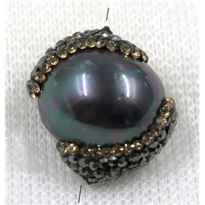 rainbow pearl shell bead paved rhinestone, flat round, approx 15-20mm