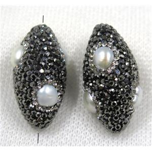 white pearl bead paved black rhinestone, rice, approx 15-33mm