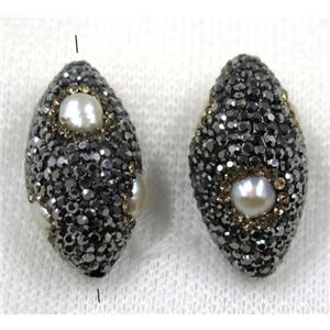 white pearl bead paved black rhinestone, rice, approx 15-33mm