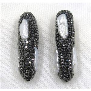 white pearl bead paved black rhinestone, rice, approx 15-40mm