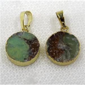Natural Green Australian Chrysoprase Pendant Circle Gold Plated, approx 14-15mm dia