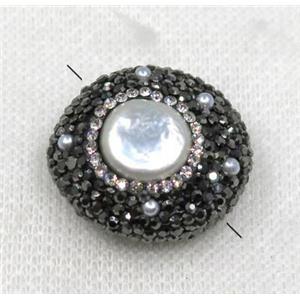 white pearl beads paved black rhinestone, flat round, approx 25mm dia