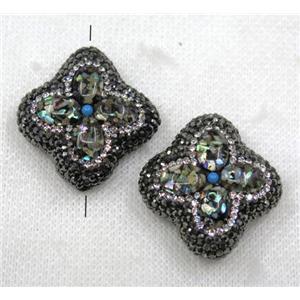 Paua Abalone shell beads paved black rhinestone, four-leaf Clover, approx 26x26mm