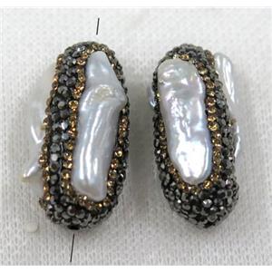 white pearl bead paved black rhinestone, rice, ap0p 15-34mm