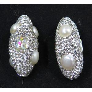 white pearl beads paved white rhinestone, rice, approx 15-33mm