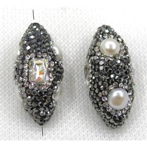 white pearl beads paved black rhinestone, rice, approx 15-33mm