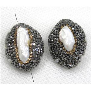 white pearl beads paved black rhinestone, oval, approx 20-30mm