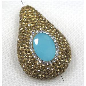 blue crystal glass beads paved yellow rhinestone, teardrop, approx 25-38mm