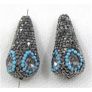 crystal glass bead paved black rhinestone, teardrop, approx 18-35mm