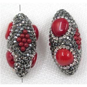 red coral beads paved black rhinestone, Rice, approx 16-35mm