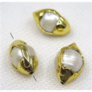 white pearl beads, oval, 24k gold plated, approx 12-20mm