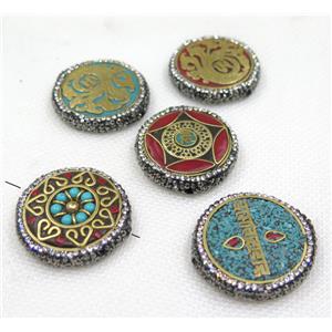 Nepal style turquoise bead paved rhinestone, flat round, mix color, approx 33mm dia