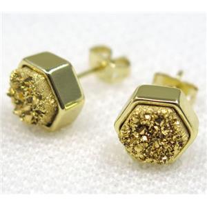 golden druzy quartz earring studs, hexagon, approx 8mm dia