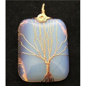 White Opalite Rectangle Pendant Tree Of Life Wire Wrapped Rose Gold, approx 30x40mm