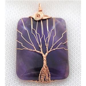 Purple Amethyst Rectangle Pendant Tree Of Life Wire Wrapped Rose Gold, approx 30x40mm