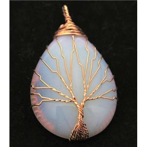 White Opalite Teardrop Pendant Tree Of Life Wire Wrapped Rose Gold, approx 30x40mm