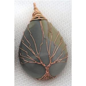 Ocean Agate Teardrop Pendant Tree Of Life Wire Wrapped Rose Gold, approx 30x40mm