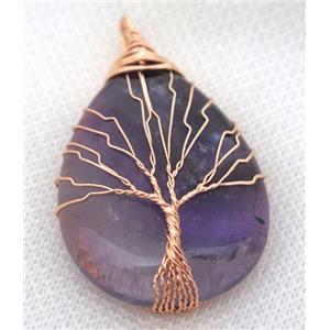 Purple Amethyst Teardrop Pendant Tree Of Life Wire Wrapped Rose Gold, approx 30x40mm