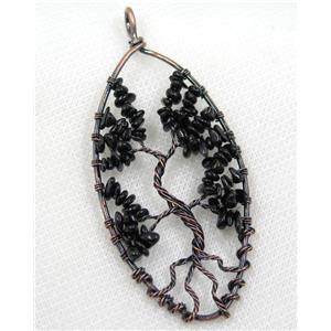 Black Obsidian Chips Pendant Tree Of Life Wire Wrapped Oval Antique Red, approx 40x80mm