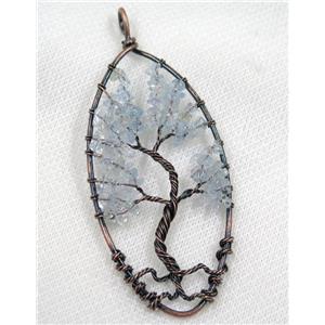 Blue Aquamarine Chips Pendant Tree Of Life Wire Wrapped Oval Antique Red, approx 40x80mm