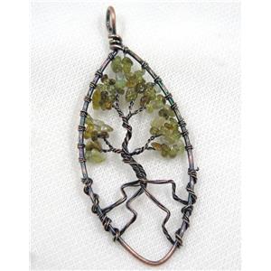 Green Garnet Chips Pendant Tree Of Life Wire Wrapped Oval Antique Red, approx 40x80mm
