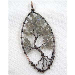 Labradorite Chips Pendant Tree Of Life Wire Wrapped Oval Antique Red, approx 40x80mm