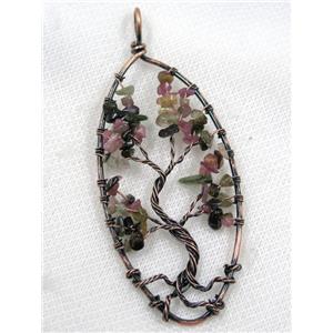 Tourmaline Chips Pendant Tree Of Life Wire Wrapped Oval Antique Red, approx 40x80mm