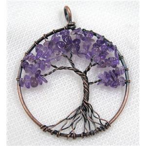 Purple Amethyst Chips Pendant Tree Of Life Wire Wrapped Circle Antique Red, approx 50mm dia