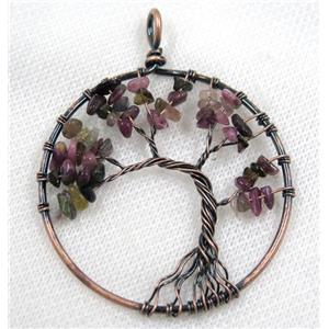 Multicolor Tourmaline Chips Pendant Tree Of Life Wire Wrapped Circle Antique Red, approx 50mm dia