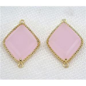 pink crystal glass rhombic connector, gold plated, approx 20x25mm