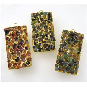 tourmaline paved pendant, multi color, rectangle, gold plated, approx 25-50mm