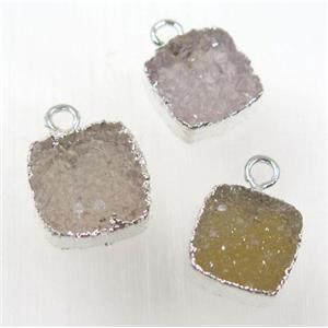 druzy agate pendant, natural color, square, silver plated, approx 12x12mm