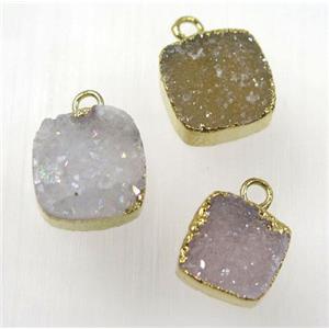 druzy agate pendant, natural color, square, gold plated, approx 12x12mm