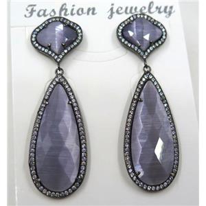 purple cat eye stone earring pave zircon, droplet, approx 13x13mm, 14x38mm
