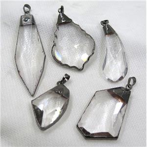Crystal glass pendant, black plated, mix shaped, approx 23-70mm