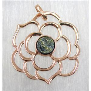 green druzy quartz pendant, copper flower, rose gold plated, approx 40mm dia, 6mm