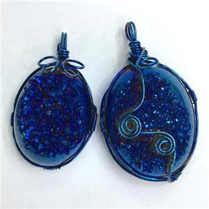 blue druzy Quartz pendant, freeform, wire wrapped, approx 20-40mm