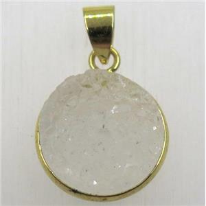white druzy agate pendant, flat-round, gold plated, approx 16mm dia