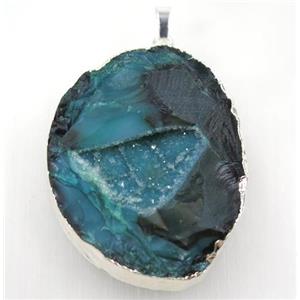 green geode agate druzy pendant, freeform, silver plated, approx 40-55mm