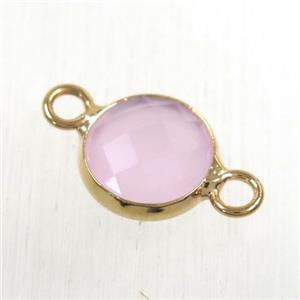 pink Chinese crystal glass connector, faceted flat round, rose gold plated, approx 10mm dia
