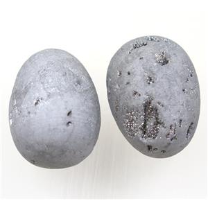 silver Agate druzy egg charms, no-hole, approx 30-40mm