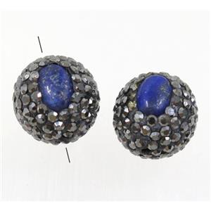 clay beads paved rhinestone with lapis, round, approx 15mm dia