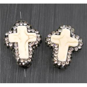 white Synthetic Turquoise cross bead paved rhinestone, approx 15-20mm