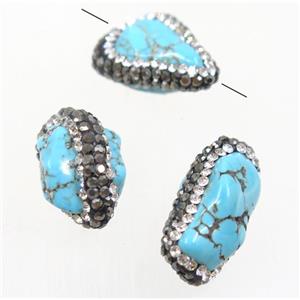 blue Synthetic Turquoise nugget beads paved rhinestone, freeform, approx 10-20mm